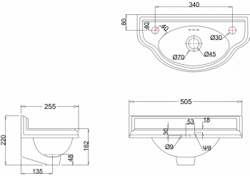 Small 50.5cm curved front cloakroom basin